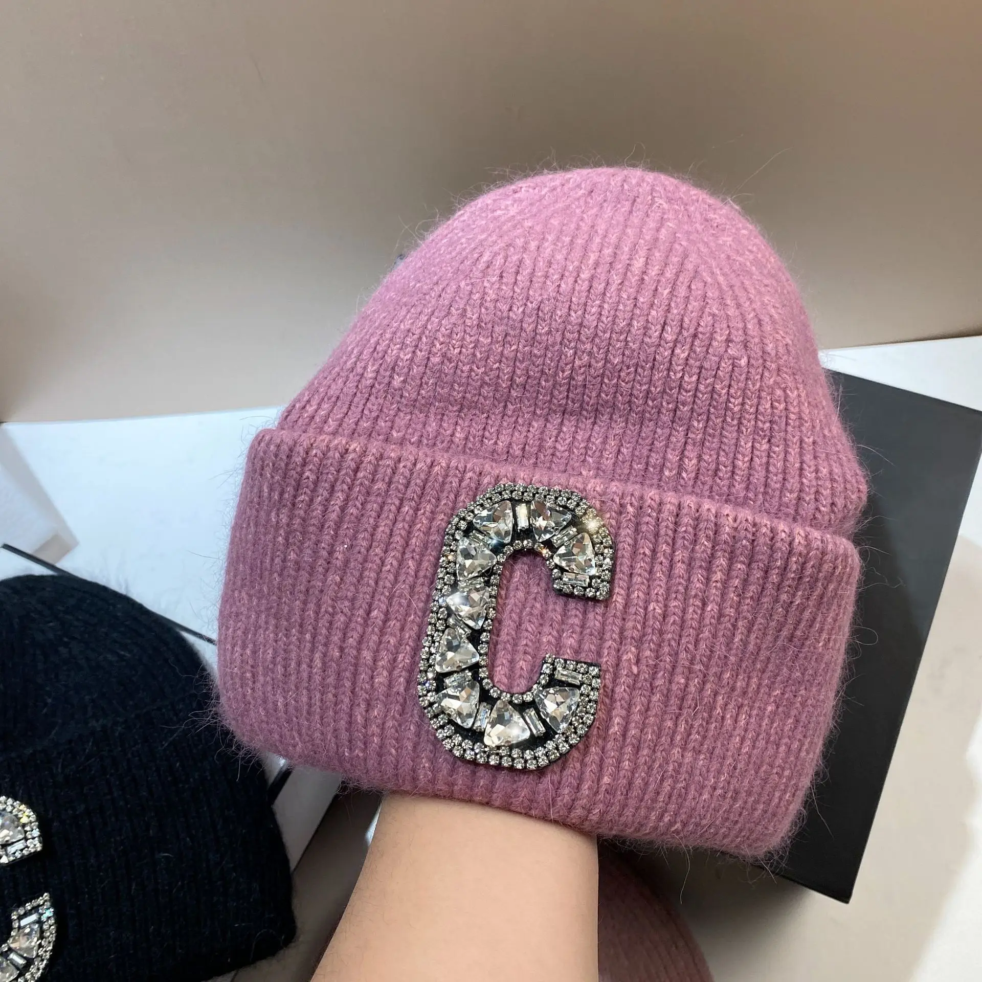 Luxury Rhinestone Letter C Knitted Hat Real Rabbit Fur Women Men Winter Warm Beanie Ear Protection Sking Skullies Beanies Cap