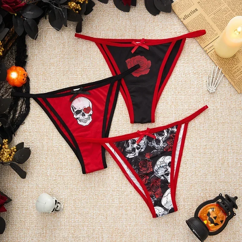 Halloween Underwear Women's Ice Silk Bow Tie Gothic Style Skull Personalized Comfortable Breathable Triangle Panties