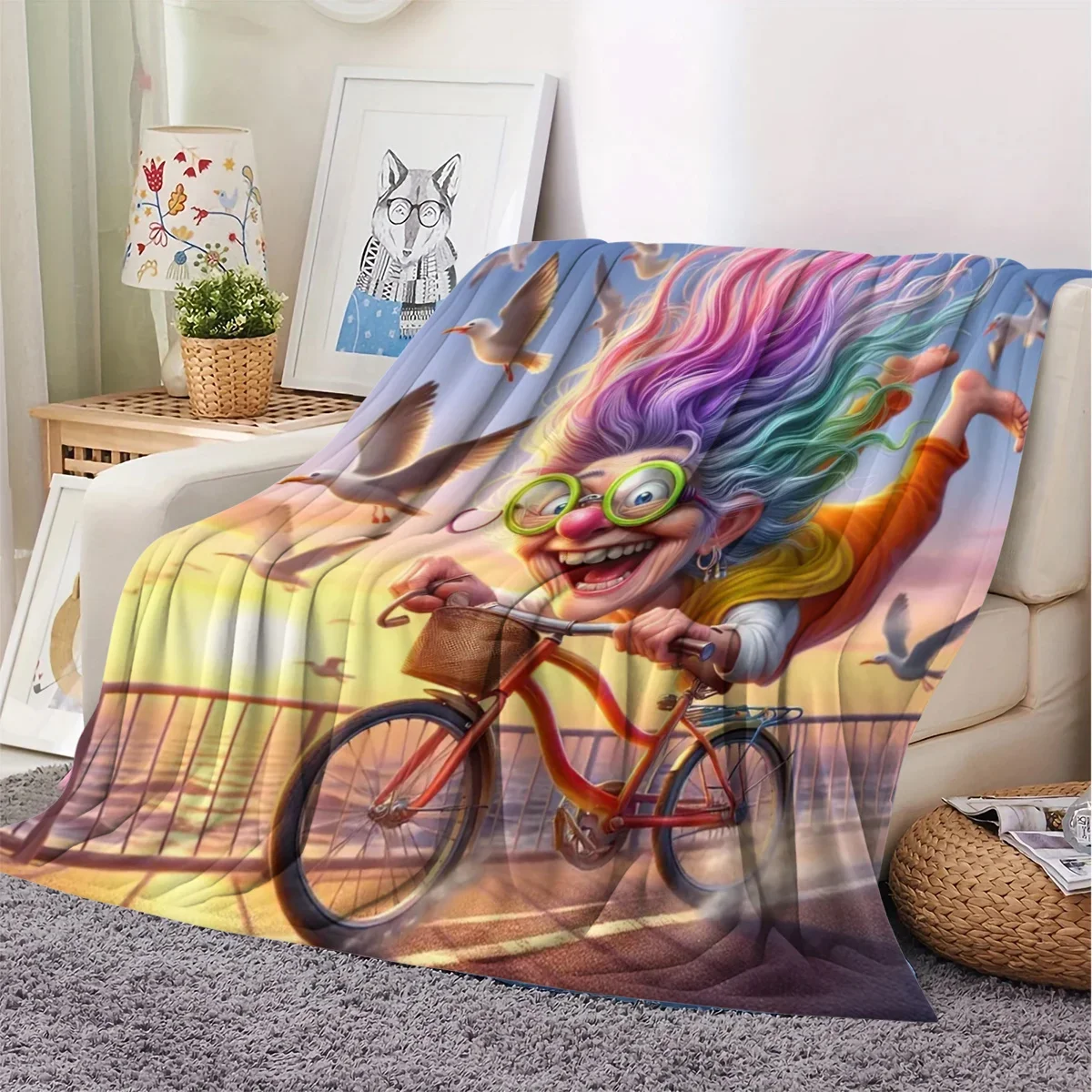 A Vibrant And Crazy Pattern Grandmother Riding Bicycle Soft Warm Flannel Throw Blanket Perfect Sofa Home