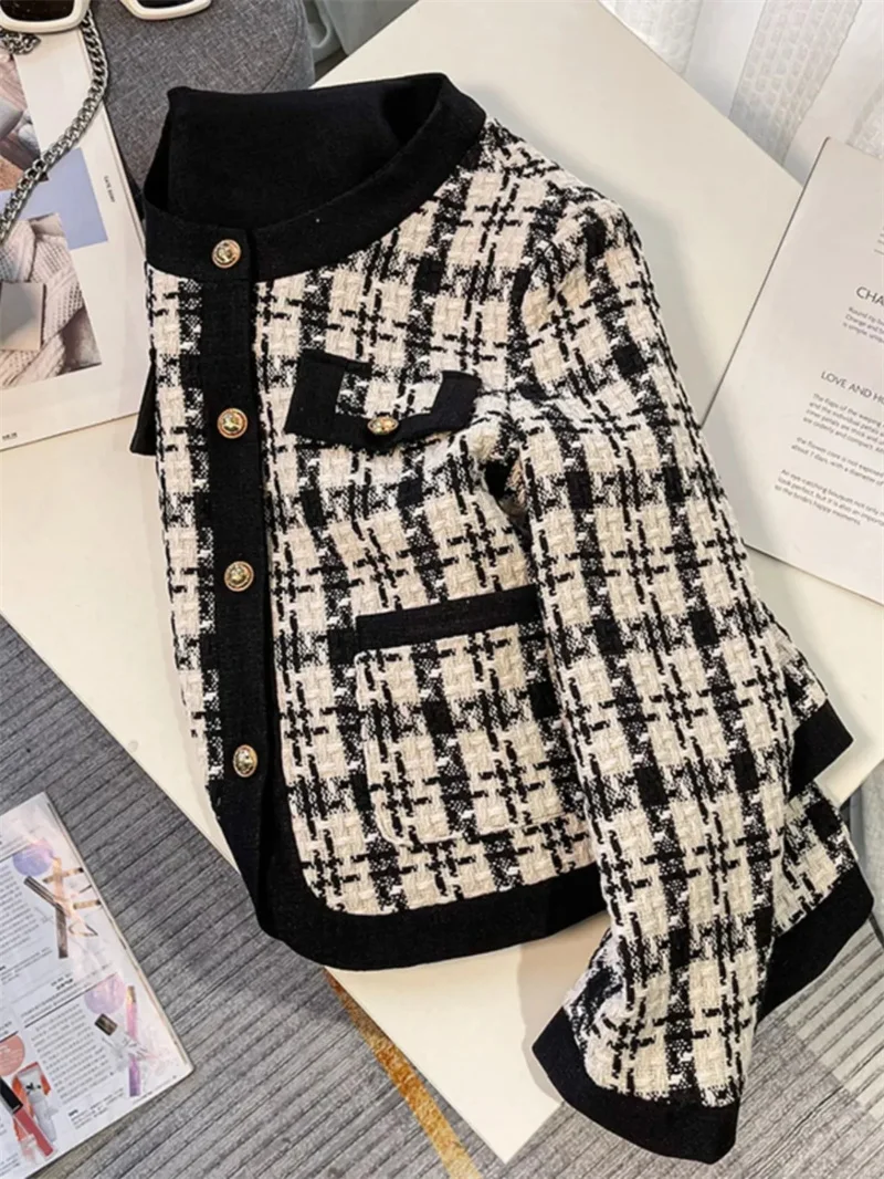 High Quality French Vintage Small Fragrance Tweed Jacket Coat Women\'s Spring Autumn Casual Fried Street Short Coat Plaid Outwear