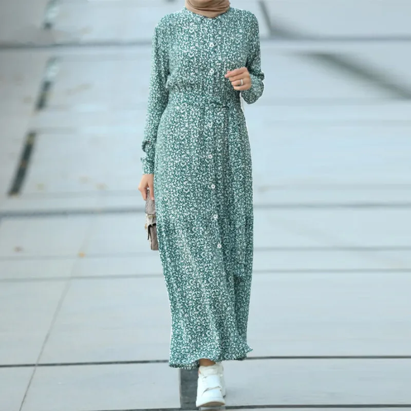 

2022 women's Muslim dress fashion long sleeved Floral Printed robe headscarf dress