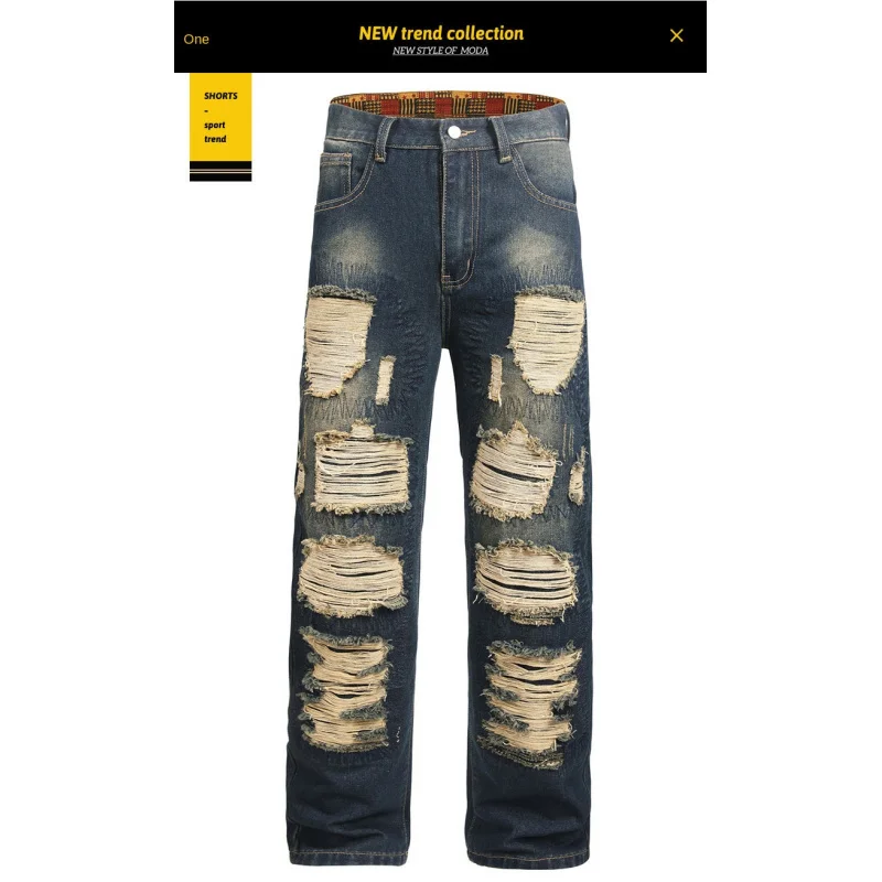 

2025 новые перфорированные джинсы, мужские модные брендовые универсальные свободные прямые джинсовые длинные брюки в стиле ретро