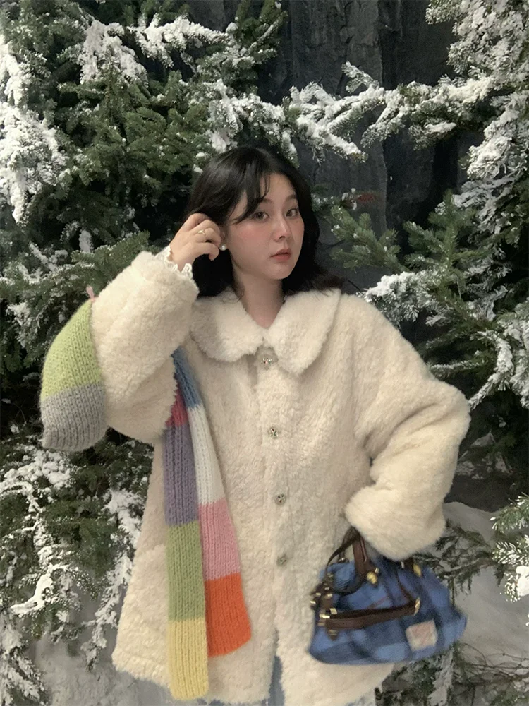 겨울 여성 느슨한 가짜 양고기 모피 스웨이드 따뜻한 푹신한 코트