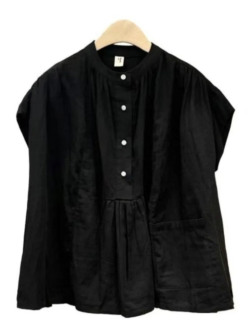 Elegancki, retro, japoński, luźny, swobodny top damski z okrągłym dekoltem, zapinany na guziki, idealny na wiosnę i lato.