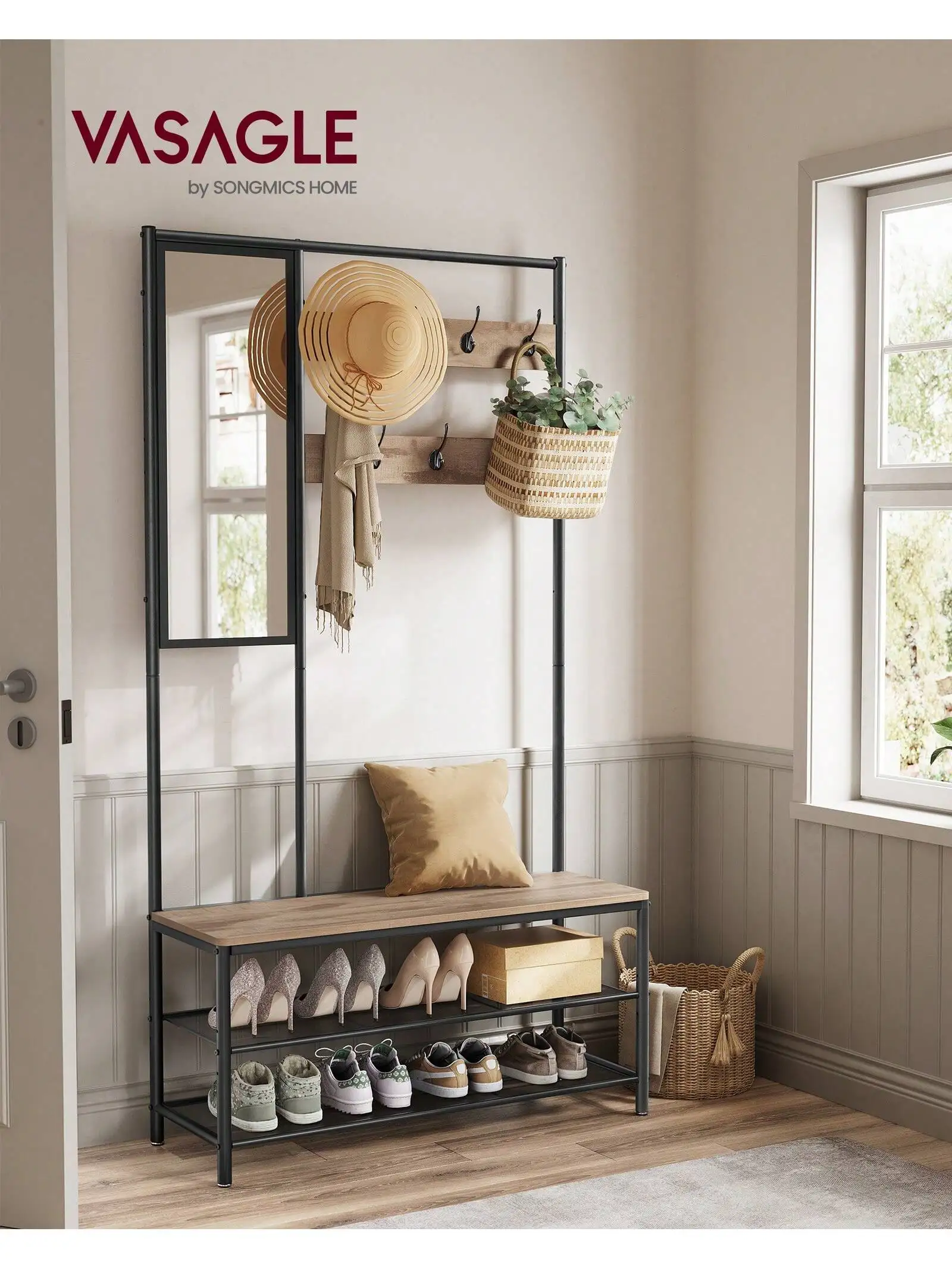 Appendiabiti VASAGLE con portascarpe, specchio da corridoio, ganci, panca, ripiani, 35x98x180 cm,