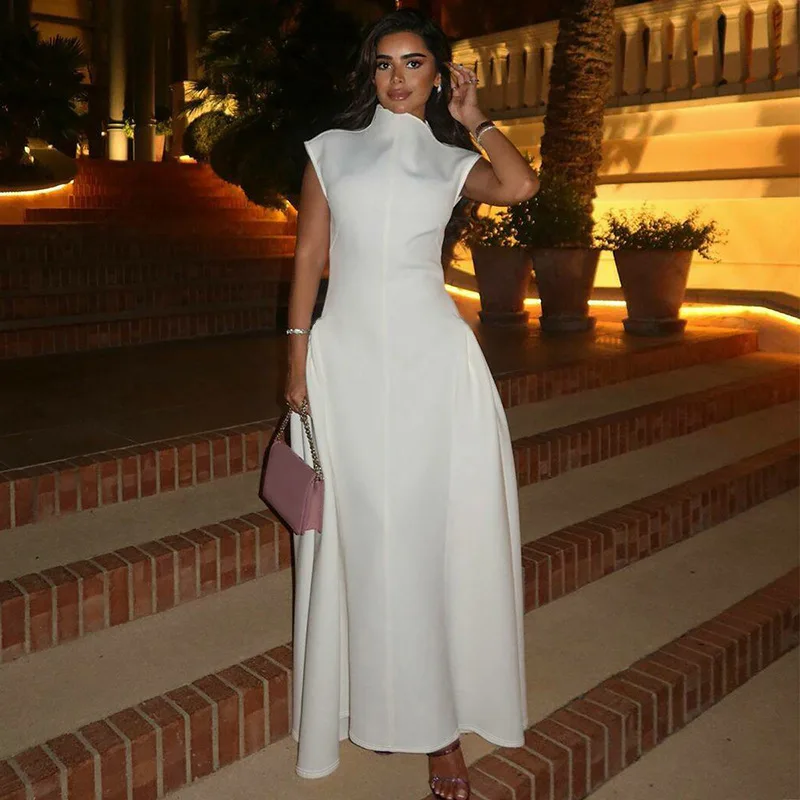 

Spring Autumn New Dress Slim Fashion Personality Woman Clothing High Waist Short Sleeves Half High Collar Pleated Long Dresses