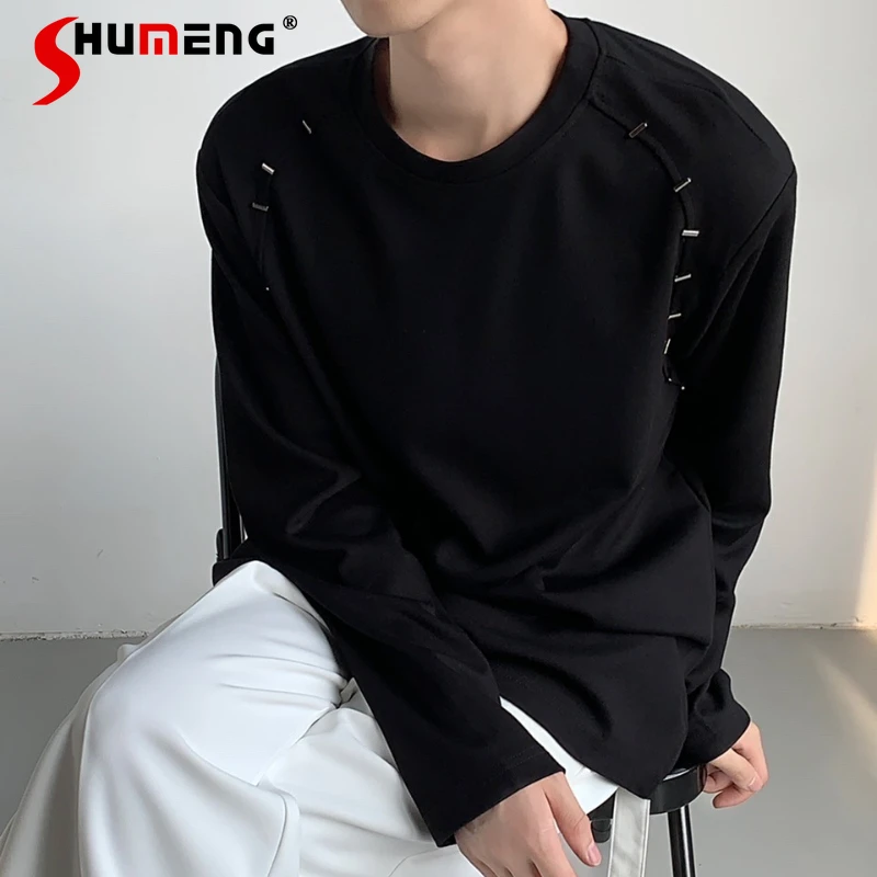 

Men's Women's Trendy High-End Chic Tops Padded Shoulder Long Sleeve Solid Color Sweatshirts Metal Design Round Neck Sweatshirts