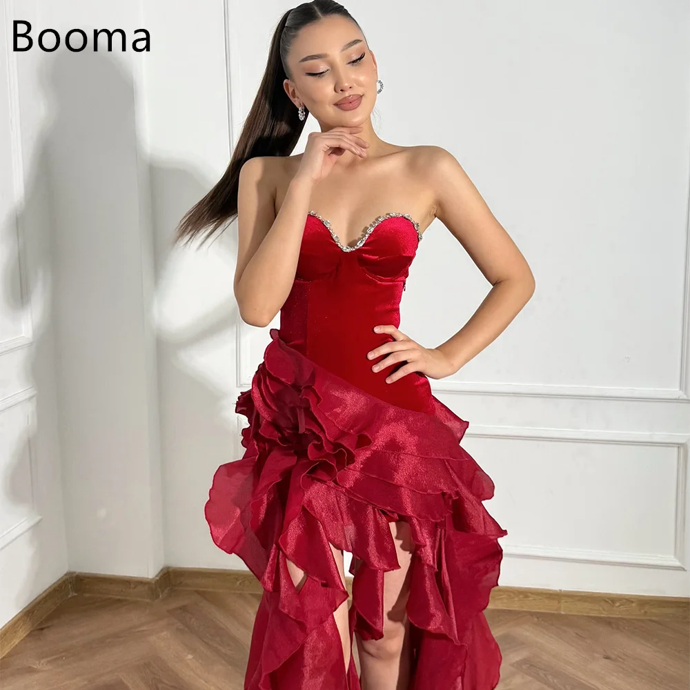 

Booma Elegant Mermaid Strapless Sleeveless Red Crystal Dresses Formal Party Gowns for Women Flower Simple Prom Gown Customize