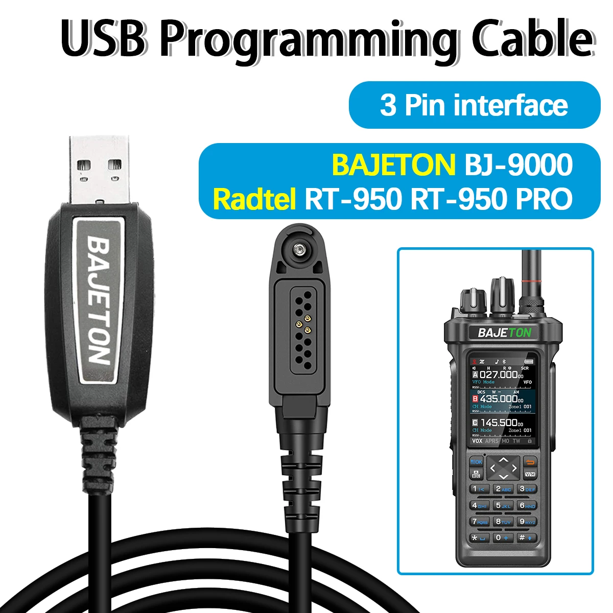 כבל תכנות USB מקורי BAJETON עבור רדיו האמטורי Bajeton BJ-9000 Radtel RT-950 RT-950 PRO