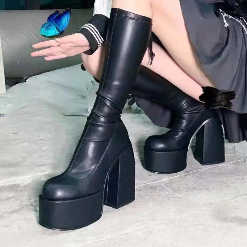 2022 New Women Boots High Heels Chunky Platform Black Big Size 43 Winter Boots Knee High Boot Zipper Matrin Boot Party Shoes