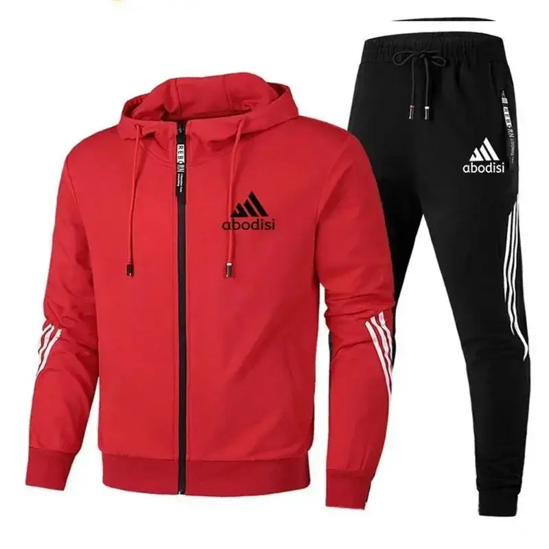 Autumn fashion men's clothing casual gym fitness outdoor jogging sportswear baseball zippered hoodie+pants 2-piece set