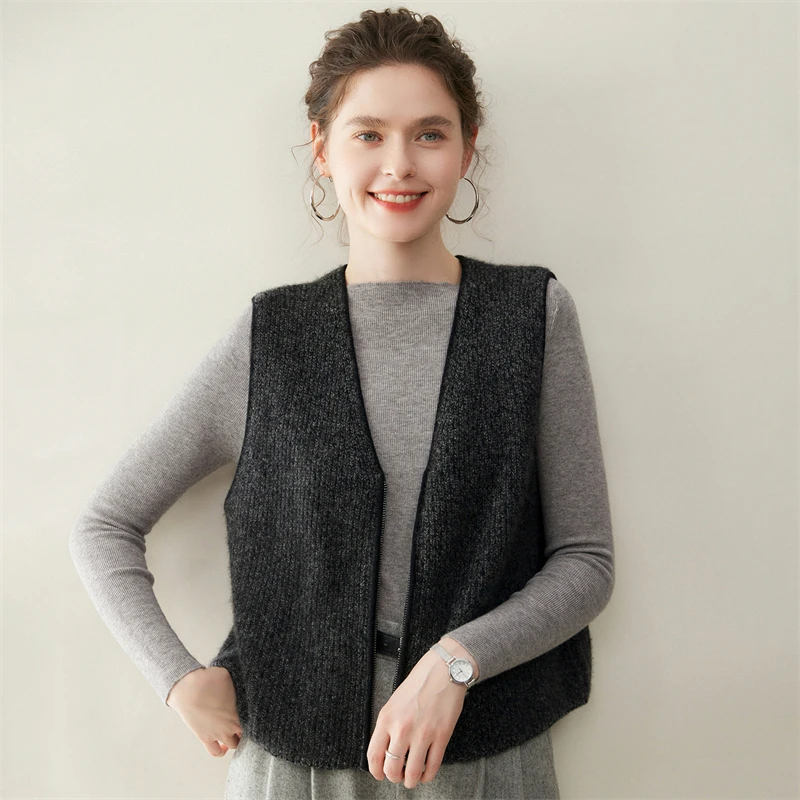 جديد شيك المرأة الخامس الرقبة سستة صدرية 100% سترة الكشمير المعنقة الخريف الشتاء أكمام سترة بسيطة الكشمير تريكو سترة