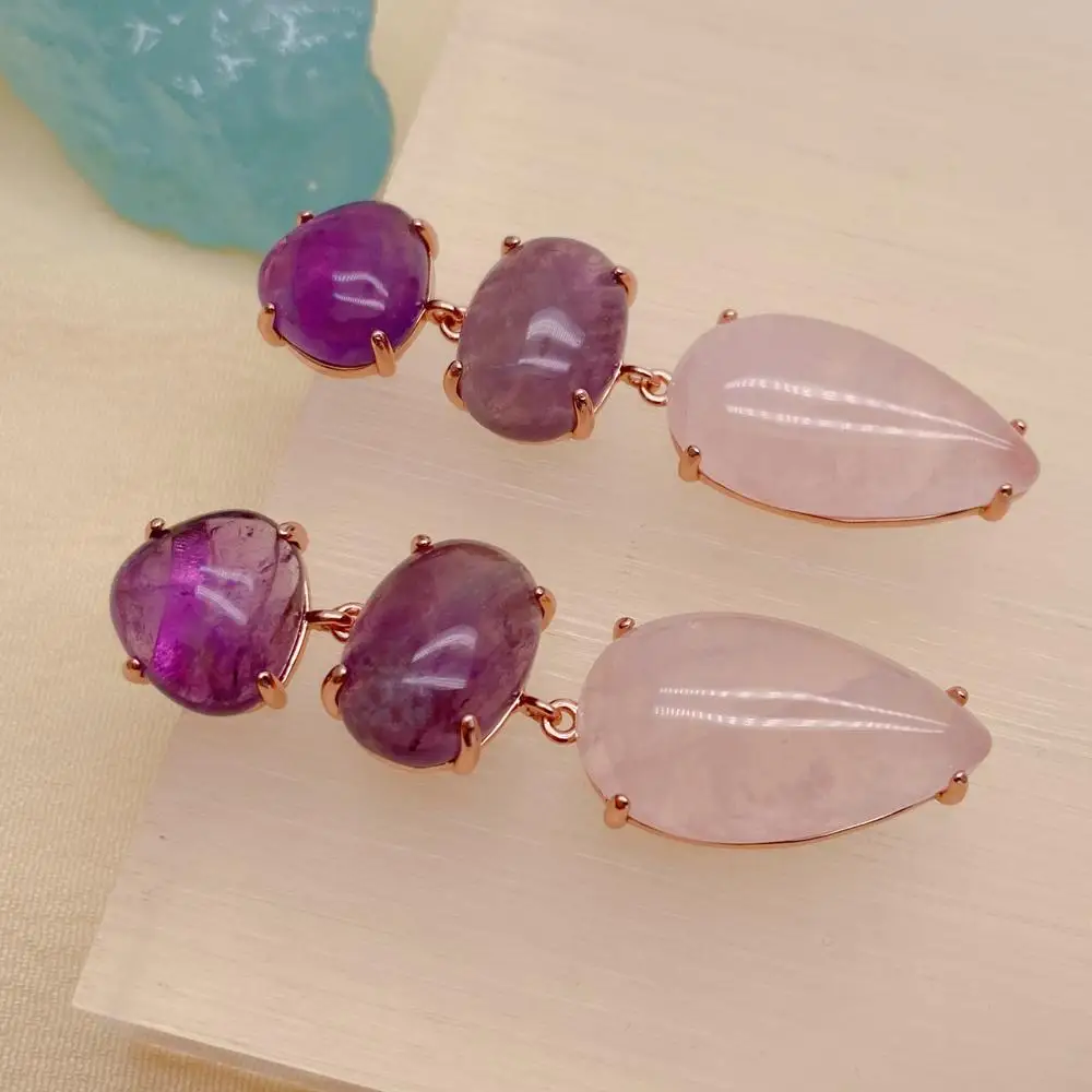 YYGEM 13x24mm Natural Purple Amethyst Pink Rose Quartz Dangle Stud Earrings Gemstone Jewelry