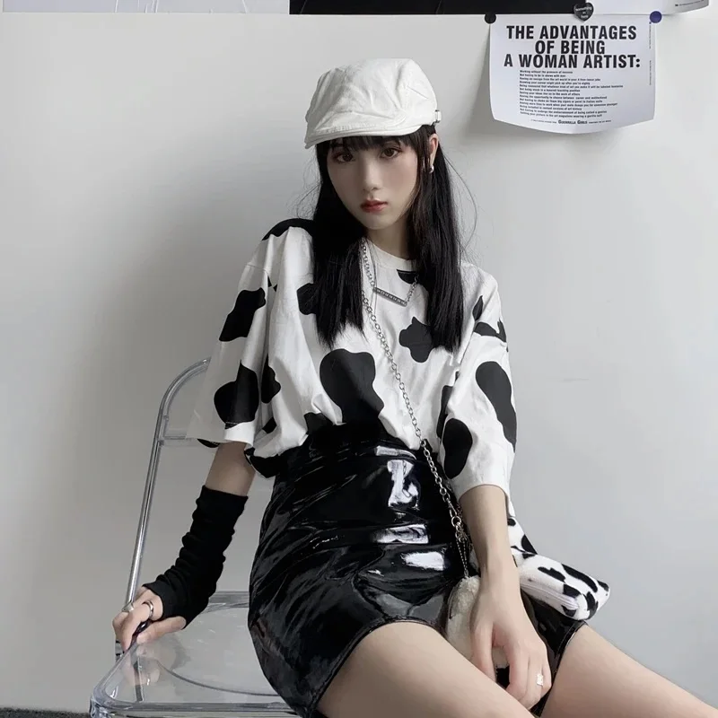 Koszulki w stylu Harajuku modne koszulka Harajuku damskie koszulki nadruk z krową Oversized Casual luźna krótka rękaw t-shirt Streetwear topy