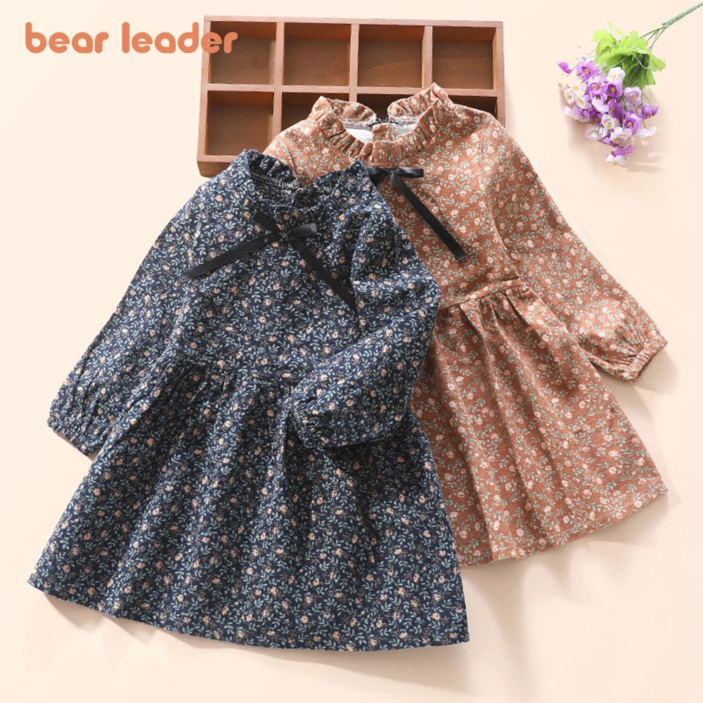 Bear Leader Girl Dress 2023 Spring and Autumn New Korean Version Long-sleeved Floral Princess Dress Girl Dress