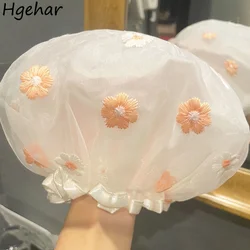 Floral Embroidery Cute Shower Caps Women Face Wash Waterproof Double Layer Bathroom Hair Bonnet Shampoo Shield Bath Hat Princess