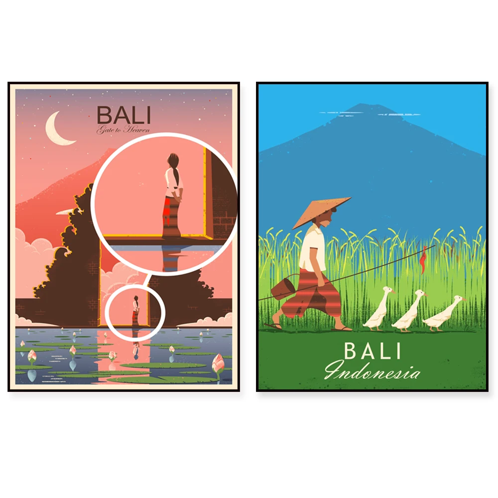 Cartel de viaje de Indonesia Bali, paraíso de Bali, impresiones artísticas de patos en los campos de arroz, regalos impresos de decoración paisajística