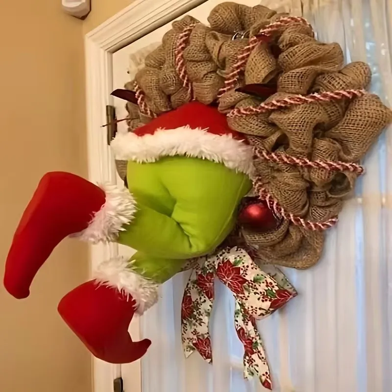 Corona de ladrón de Navidad de 17,72 pulgadas, corona de pierna de elfo de Navidad, corona de arpillera de Navidad, decoración de vacaciones