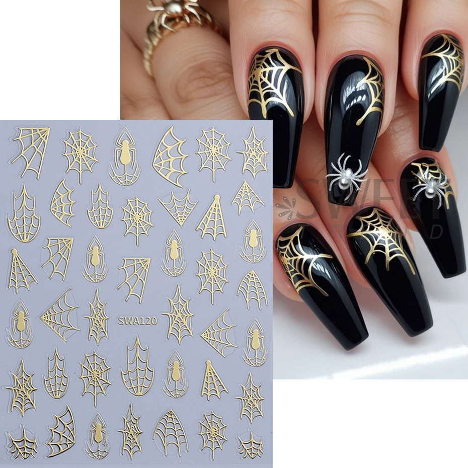 5 Stück Halloween Spinnennetz Nail Art Aufkleber holographisch Schwarz Gold Silber Spinne selbstklebende Nagelaufkleber DIY Maniküre Dekoration