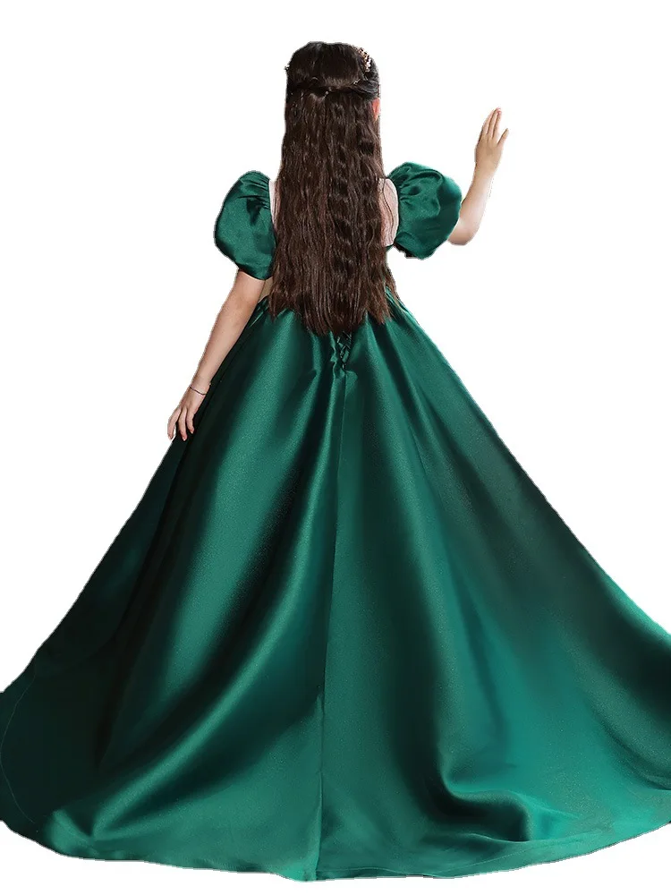 Christmas Girls Forest Green Floor-Length Princess Train Dress for 2-14 Kids Elegant Birthday Pageant Junior Bridsmaid Dress