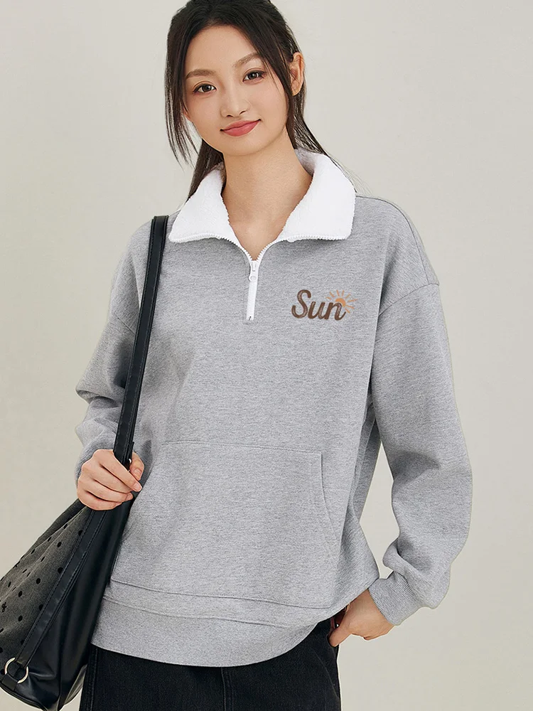 Nouveau Sweatshirt épais pour femmes automne-hiver Mode Fermeture éclair à col montant Velours Plus Pull chaud Décontracté Loose Lettre Sweatshirt