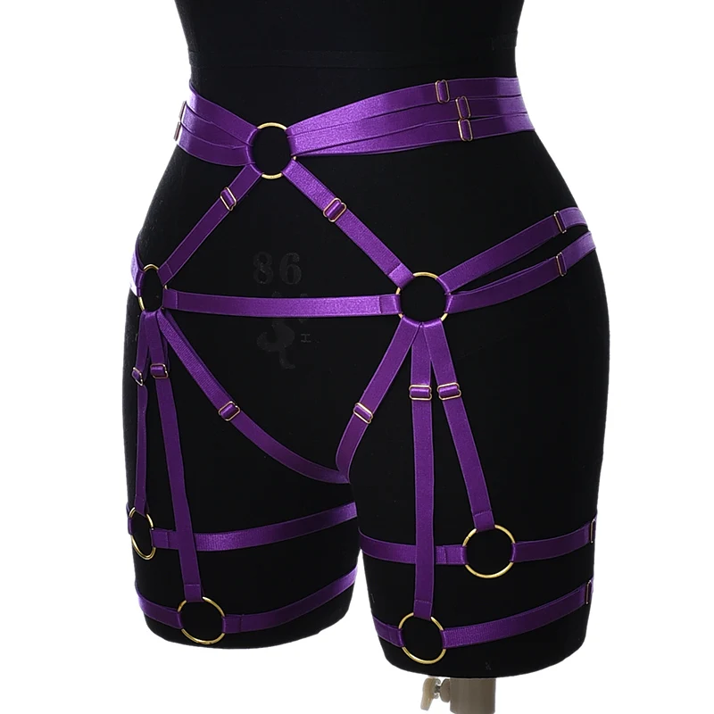 Lady Purple High Waist Garter Belt Body Harness Bra Bondage Elastic Sexy Lingerie Body Harness Cage Goth Rave