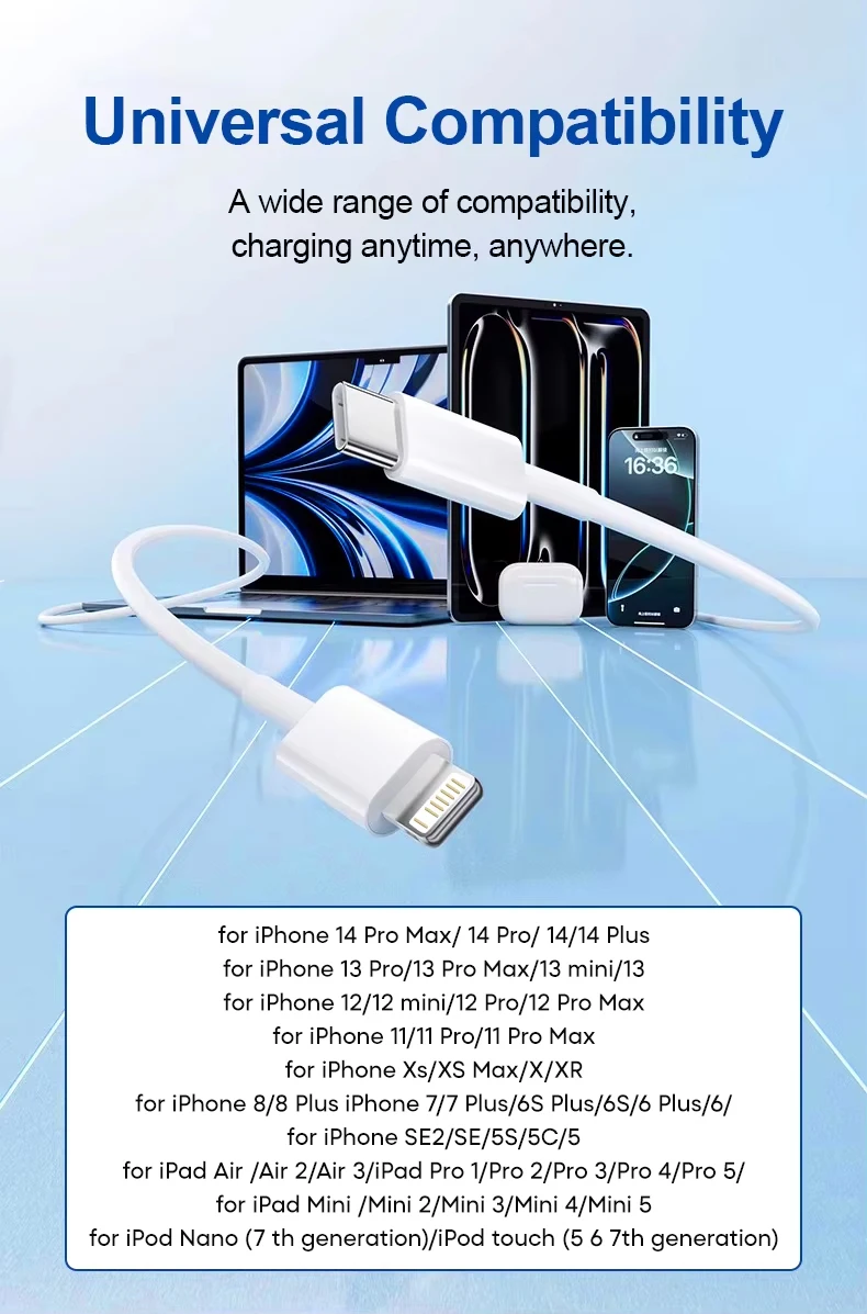 20W PD Lighting Cable Type C to Lighting Fast Charging Cord MFI Certified Wire for Iphone 14 13 12 11 Pro Max XS Max XR 6 7 8