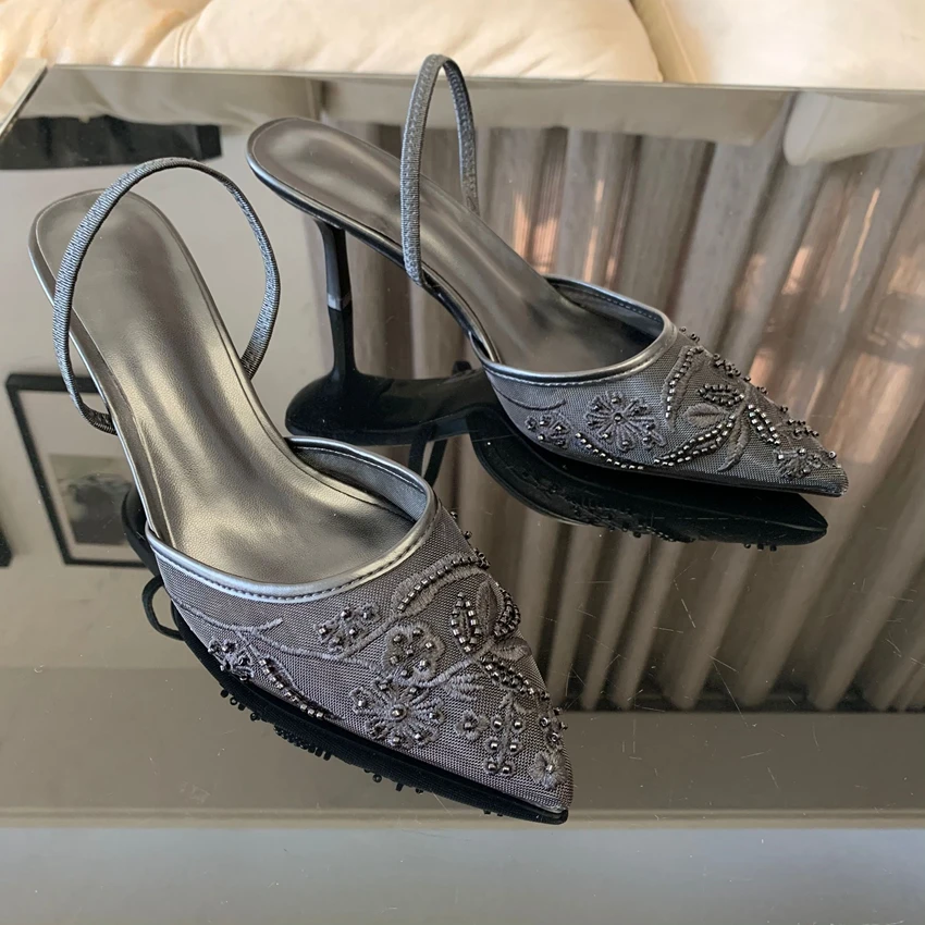 

2025 Woman Designer Mesh Open Heel Sandals Shoes Fashion Print Pointed End Women High-heel Pumps Sexy Stiletto Lady Mules