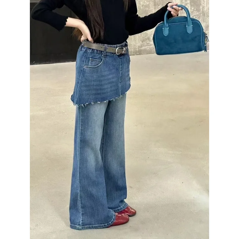 Girls' Pants 2026 New Stylish Little Girl Super Good-looking Retro High Waisted Curtain Trumpet Jeans Pants