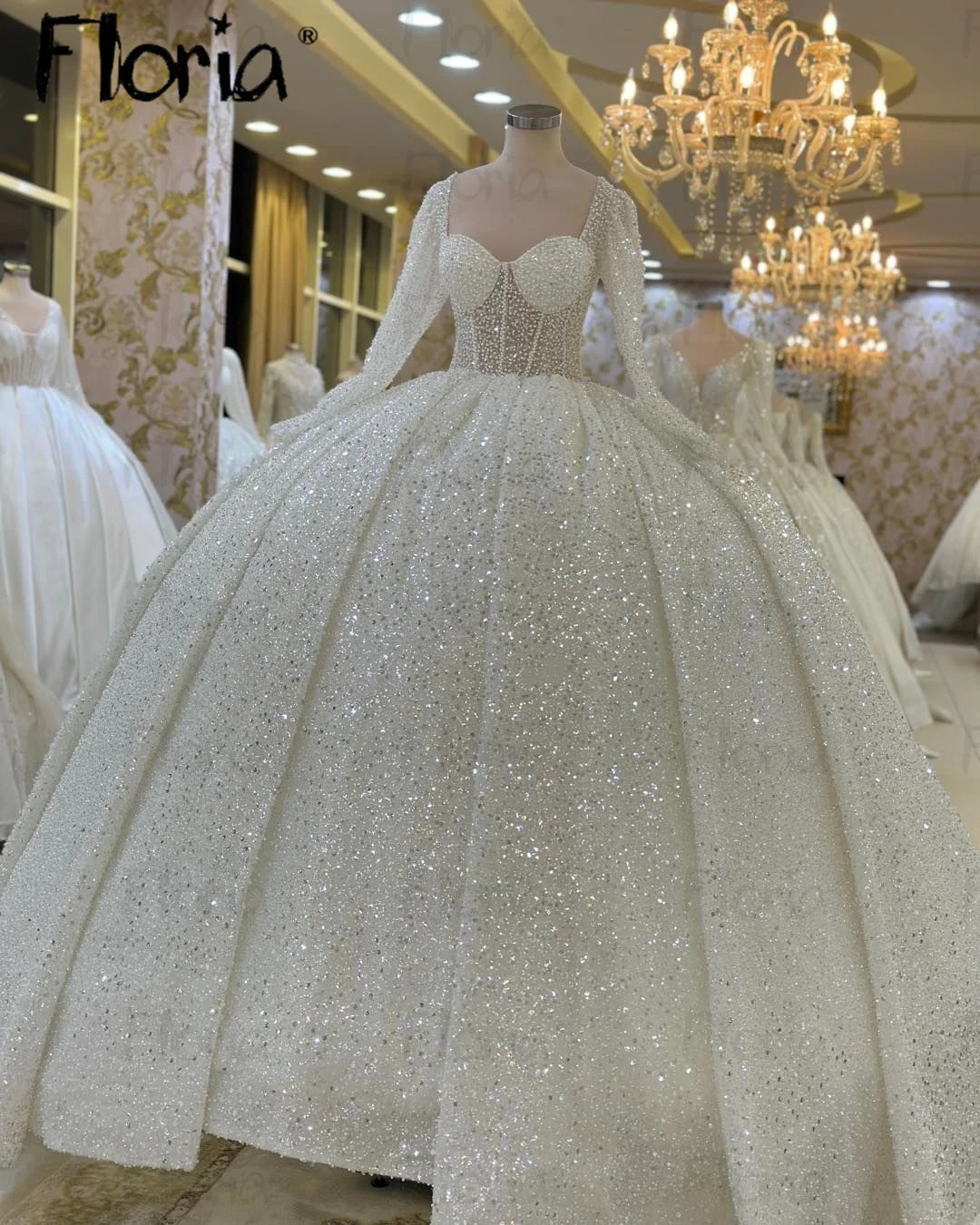 Dubai Full Pearls Sparkle Beaded Wedding Dress Custom Made Ball Gown Long Sleeve Corset Bridal Dresses Robe de Mariée 2023