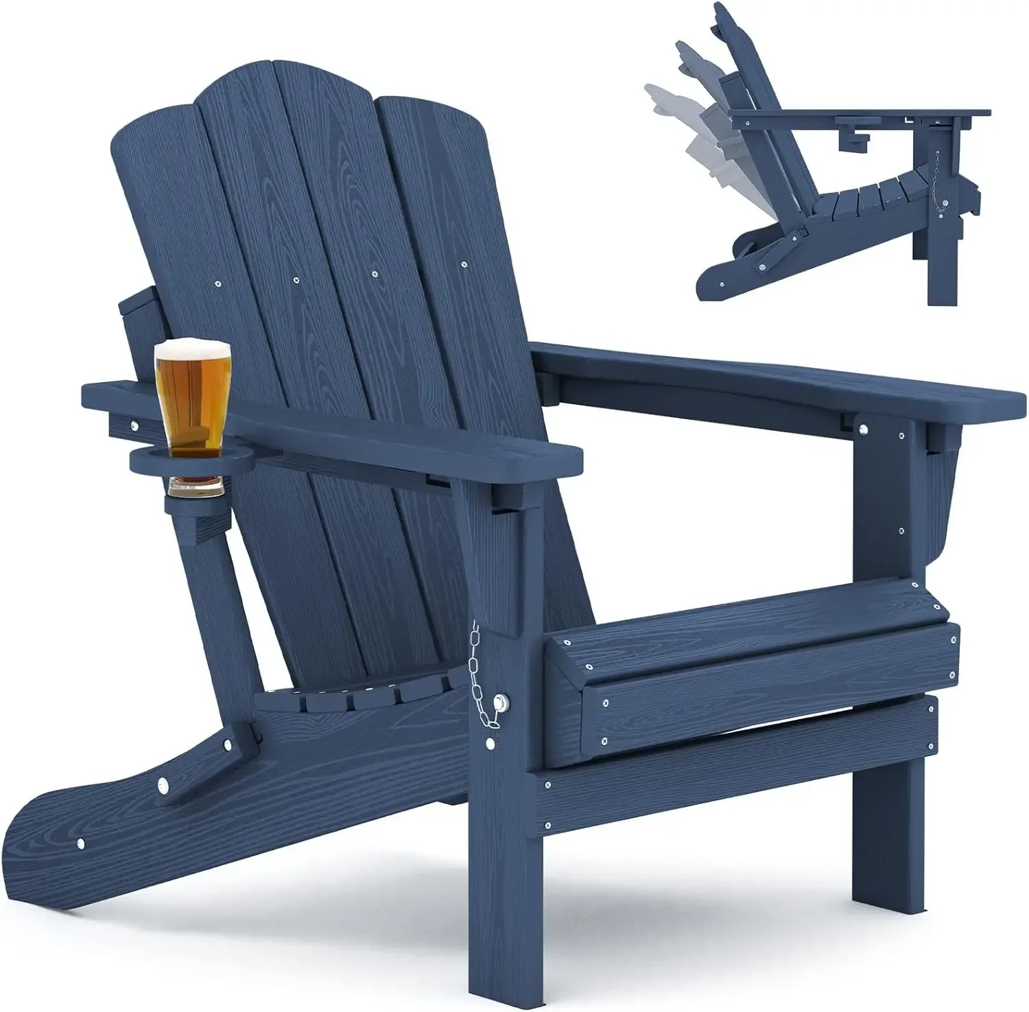 Folding Adjustable Adirondack Chair, HDPE Reclining Adirondack Chair with Cup Holder, All Weather Use Oversize Adirondack