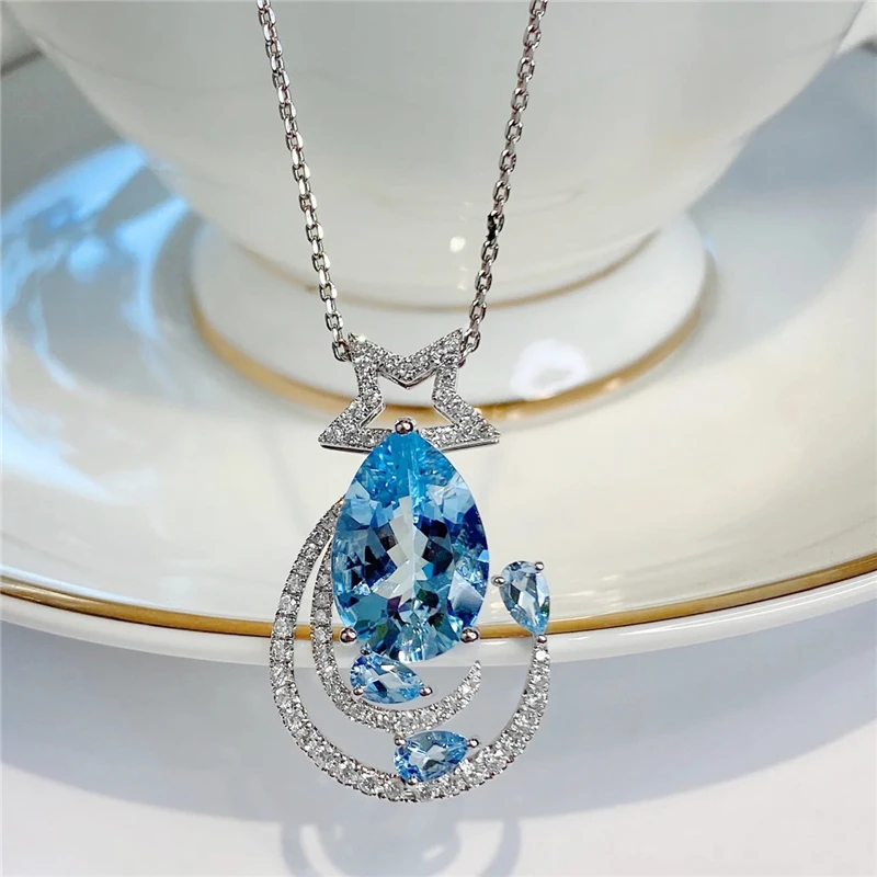 French light luxury fresh blue drop-shaped gemstone star full diamond necklace romantic dating sterling silver clavicle chain