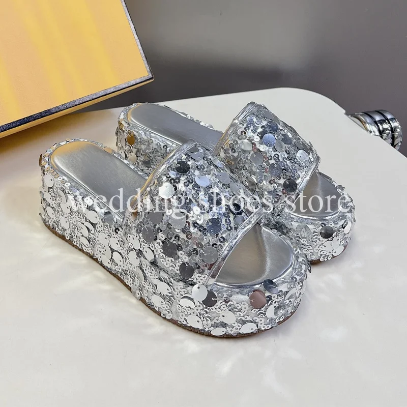 Girls Sequined Height Increasing Slippers Fashion Shoes Comfort Summer Personalized Outdoor Wedding Party Slippers Women Shoes