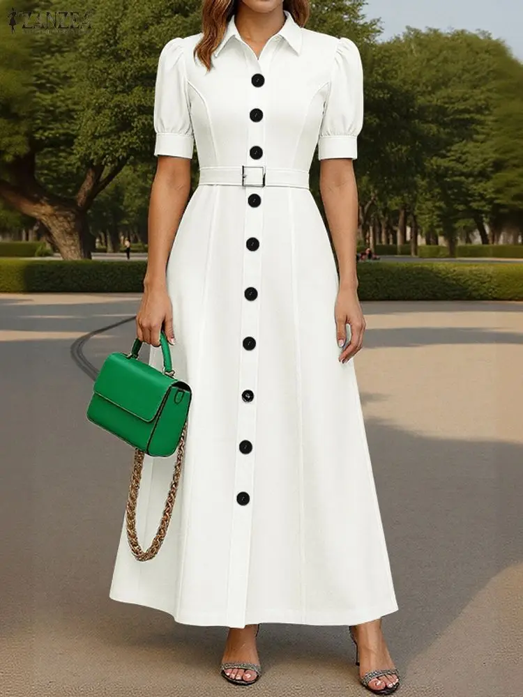 ZANZEA فستان طويل أنيق للحفلات مع حزام 2025 صيفي نسائي سادة بأكمام قصيرة ماكسي فيستدوس موضة الزفاف قميص ذو طية صدر السترة رداء #1