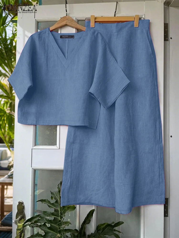 ZANZEA Donna Casual 2 pezzi Set Abbigliamento da giorno Camicette larghe a mezza manica con scollo a V Pantaloni a gamba larga 2 pezzi Completi estivi Set di pantaloni solidi