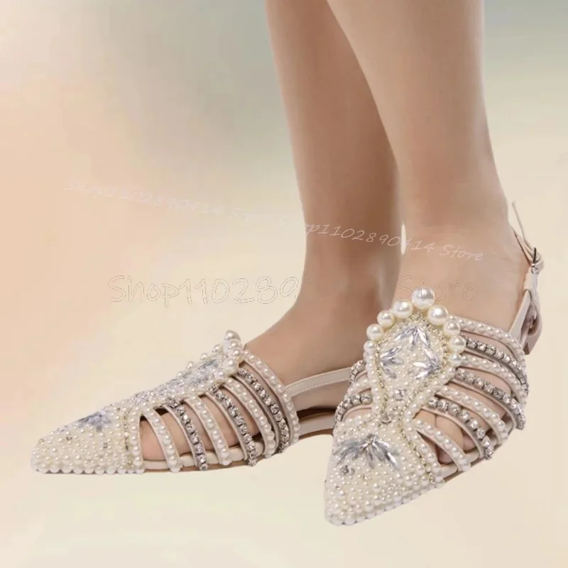 

Crystal Pearl Decor Beige Pointed Toe Pumps Buckle Strap Women Shoes Low Top Graceful Novel Party Feast 2025 Zapatos Para Mujere