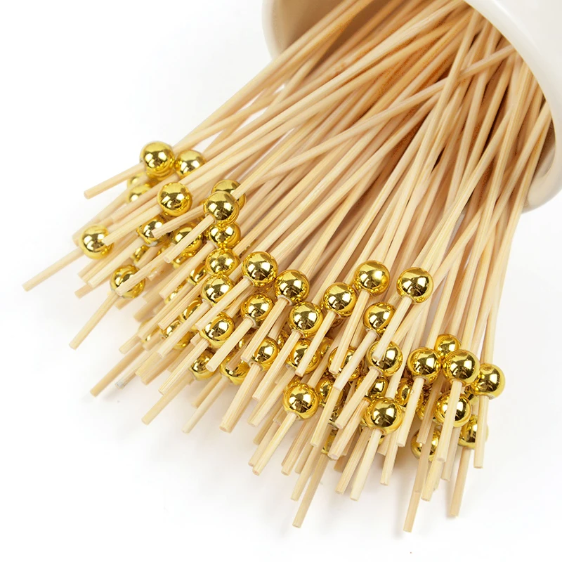 100pcs Gold Silver Beads Bamboo Fruit Salad Snack Sticks Cocktail Decor Buffet Toothpicks Skewer Wedding Birthday Party Supplies