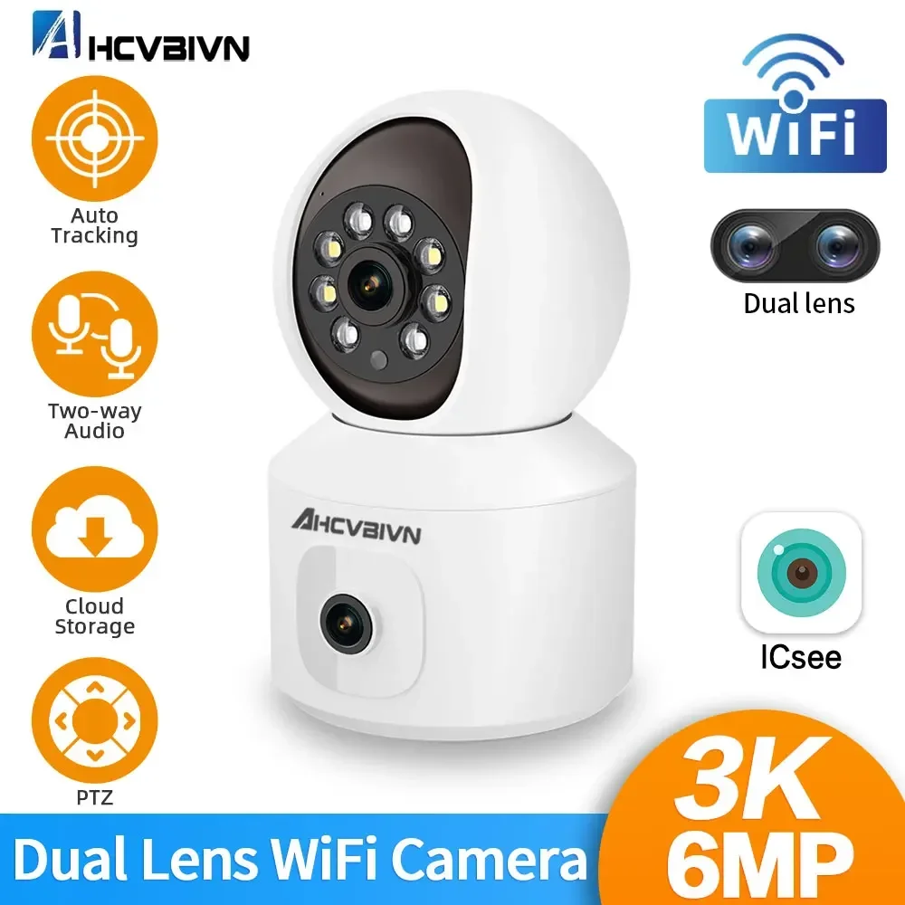 6MP WiFi IP PTZ Security Camera Dual Lens Indoor Color Night Vision Surveillance Cameras Wireless Auto Tracking Baby Monitor Cam