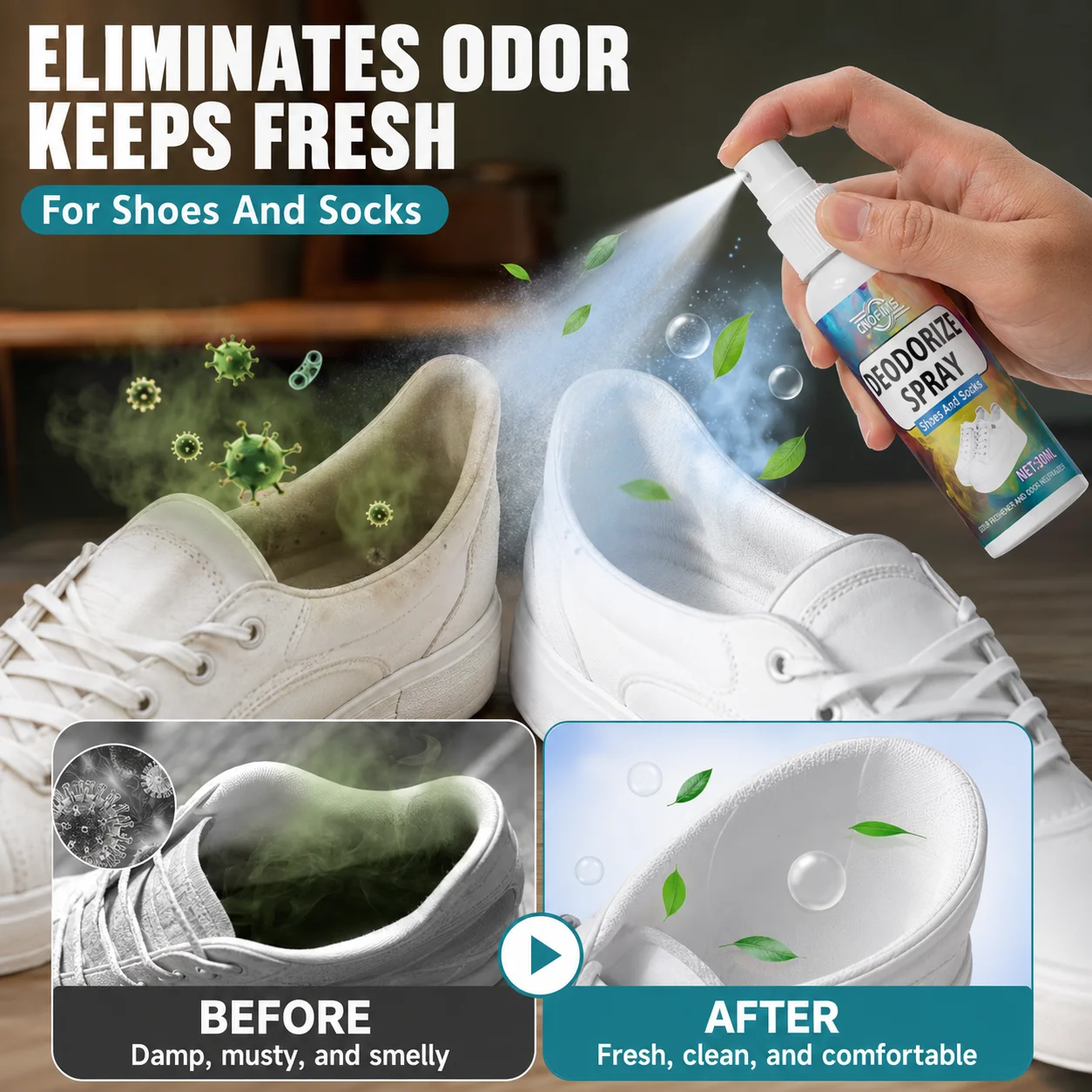 Foot and Shoe Deodorizer Spray, Removes Sweat Odor and Keeps Shoes, Socks and Feet Fresh All Day