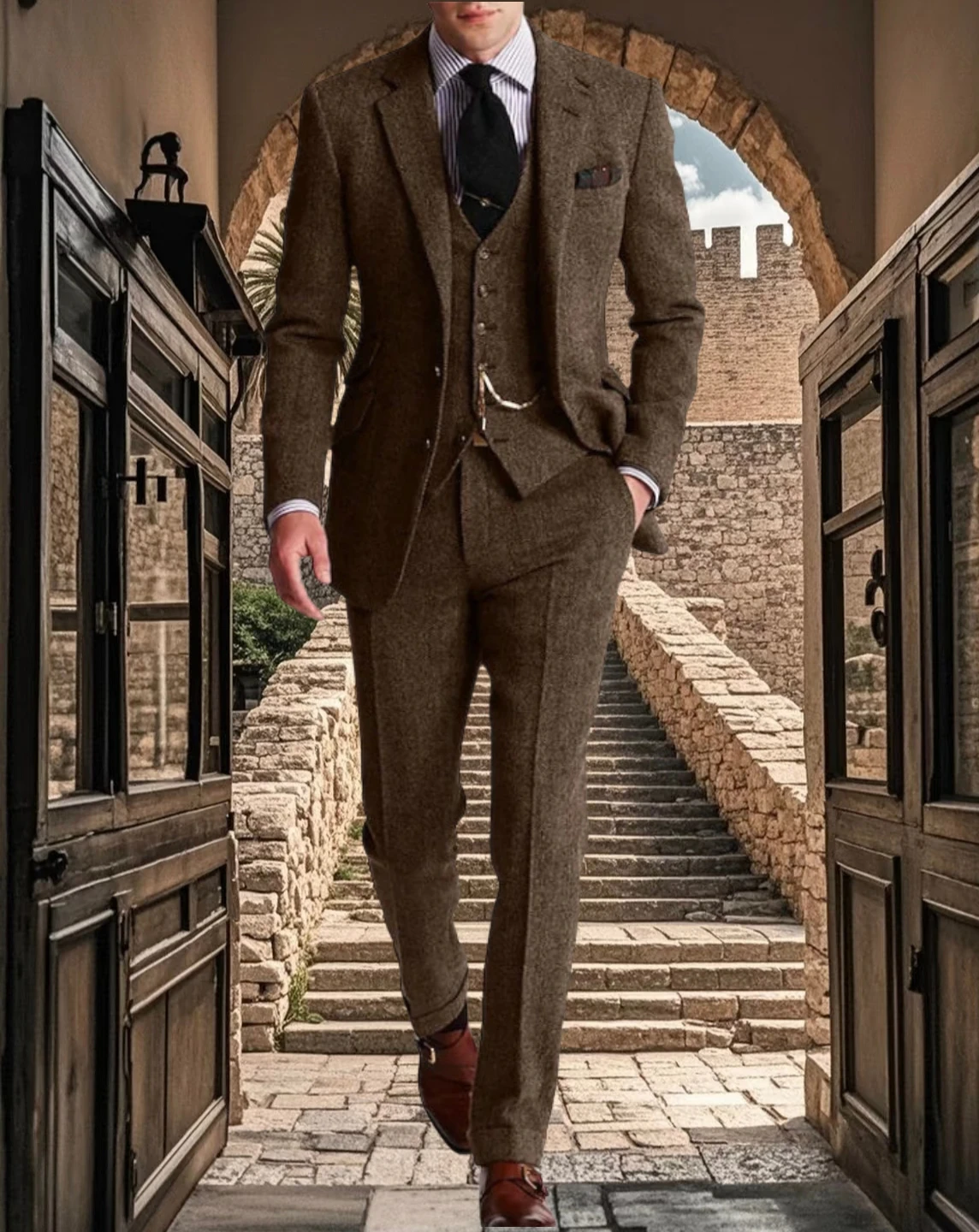 

3 Piece Set Gray Vintage Herringbone Suit for Men Men's 2 Button Digital Print Suit Set for Wedding Prom Party Handmade Tuxedo