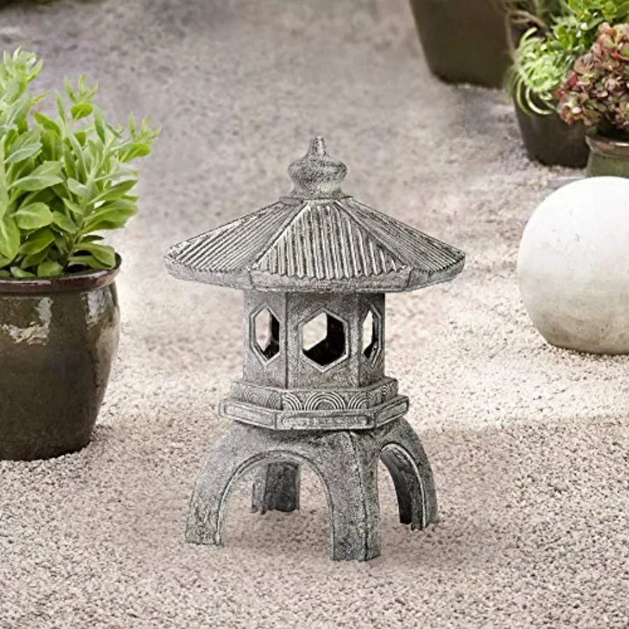 Pagoda 16 1/2 High Old Stone Indoor-Outdoor Statue: outdoor patio decoration, cast stone material, weathered gray finish, light