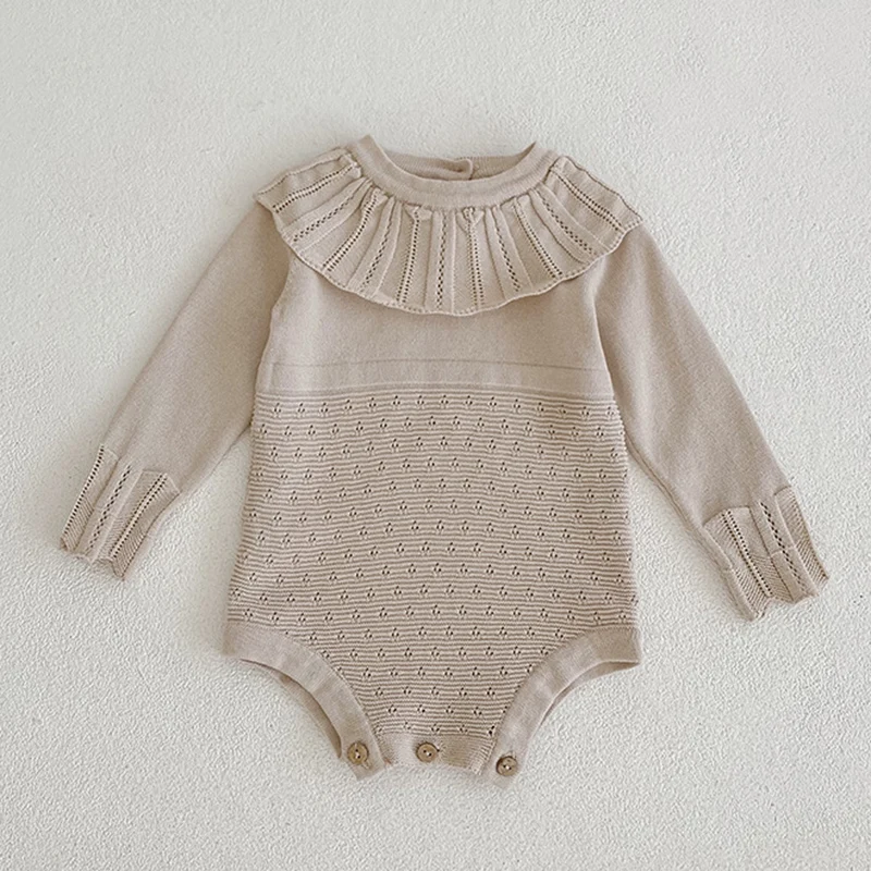 

2024 New Spring Newborn Baby Girls Knitted Bodysuits Long Sleeved Solid Color Hollow Out Infant Baby Girls Knitted Jumpsuit