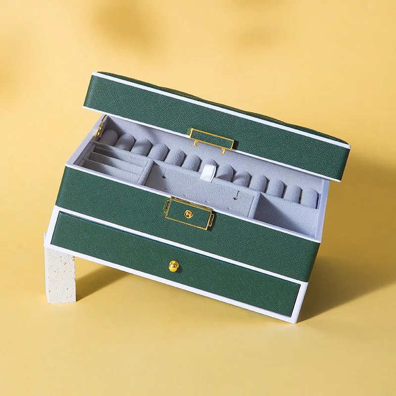 Square PU Leather Jewelry Box With Mirror LED Light Portable Large Capacity Drawer Organizer Travel Gifts for Women