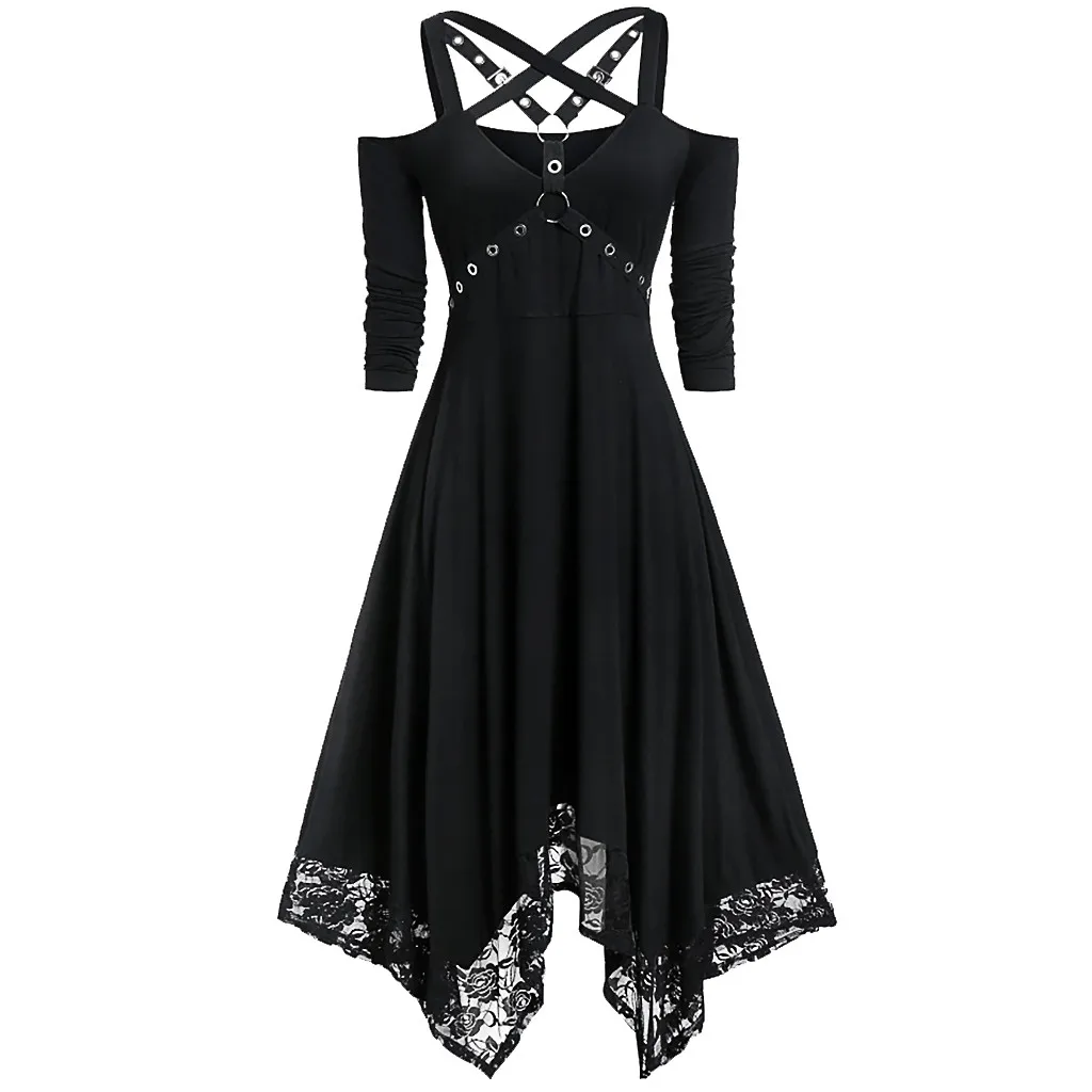 Open Sleeve Half Halloween Plus Women Gothic Dress Shoulder Lace Size Women'S Dress Long Sleeve Womens Swing Dress