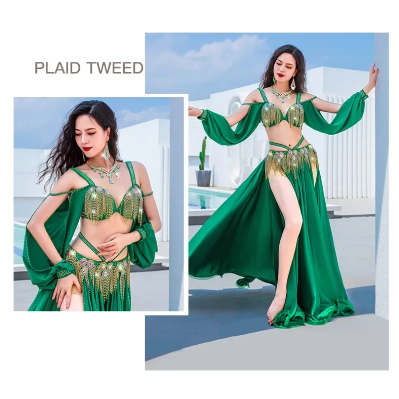 

Customized Belly Dance Costume Satin Flow Su Grand Skirt Competition Team Performance Clothing Long Sleeved Bra Long Slit Skirt