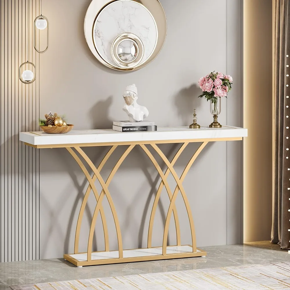 55 Inch Gold Console Table, Modern Faux Marble Entryway Table Behind Sofa Couch Side Table Living Room