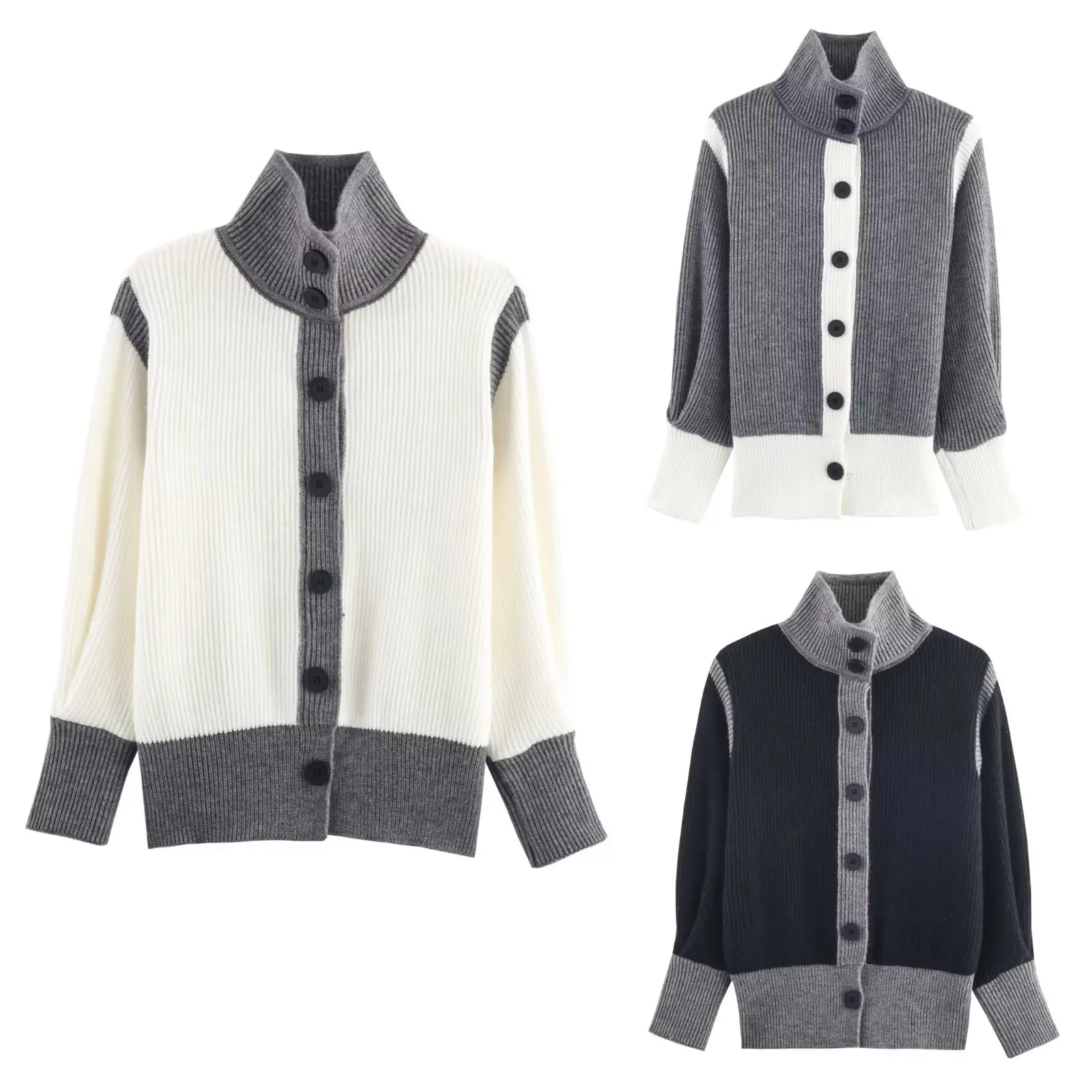 

Новый весенне-осенний свитер с высоким воротником в европейском и американском стиле, крутой стиль, вязаный кардиган с цветными блоками, универсальный топ