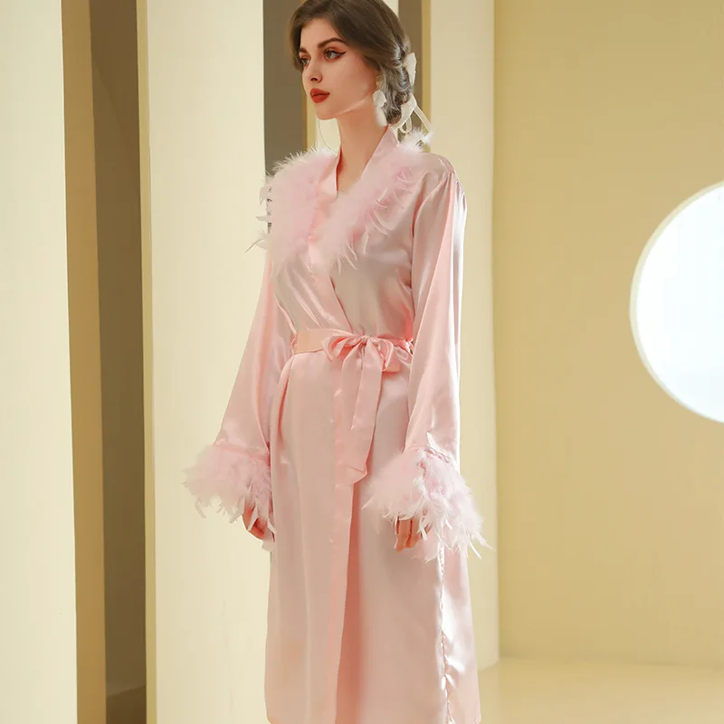 Bride Morning Robe with Feather Design Mid-long Nightgown for Wedding Makeup Bridesmaid Group Kimono Satin Bathrobes