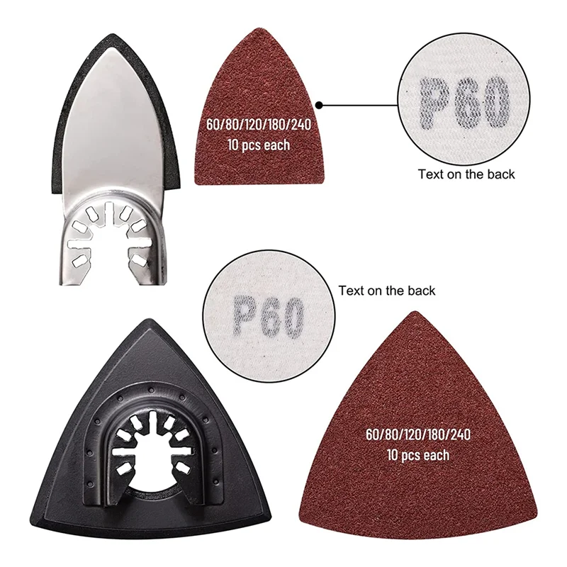 

104 шт. осциллирующие шлифовальные подушечки для деталей, 2 шт. треугольные шлифовальные подушечки и 2 шт. шлифовальные подушечки для пальцев, 100 шт. наждачная бумага
