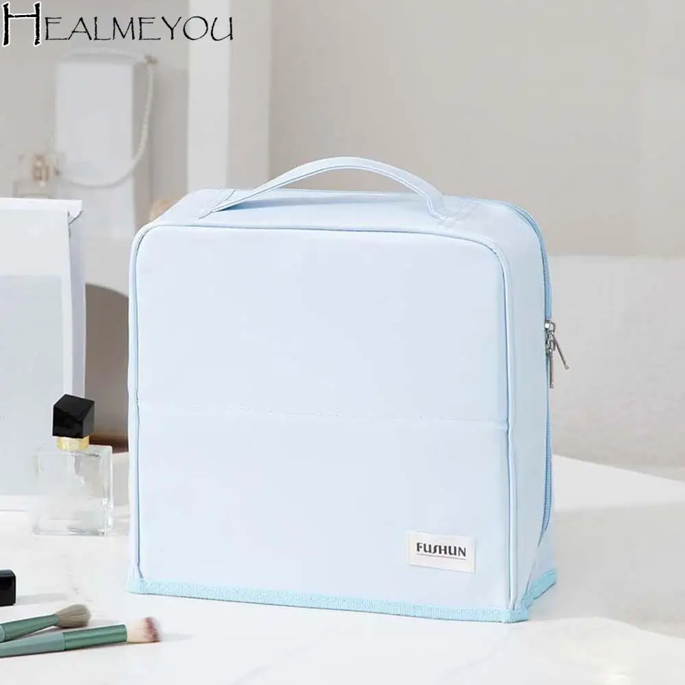 

PU Standable Vertical Makeup Bag Large Capacity with Mirror Handheld Cosmetic Organizer Solid Color Anti-splash Water